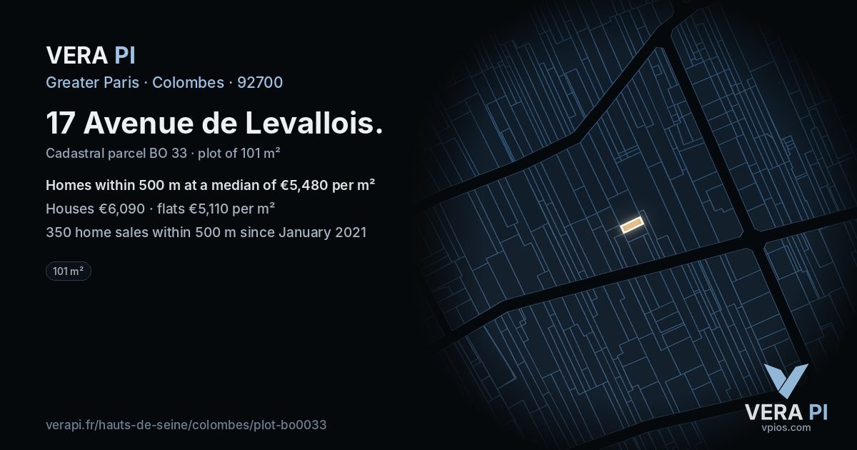 17 Avenue de Levallois, Colombes at night – the plot lit, the parcels around coloured by the prices near them