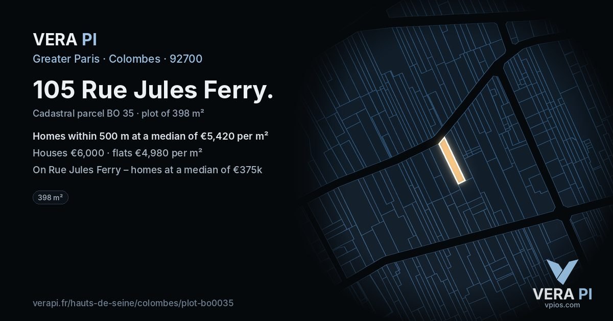 105 Rue Jules Ferry, Colombes at night – the plot lit, the parcels around coloured by the prices near them