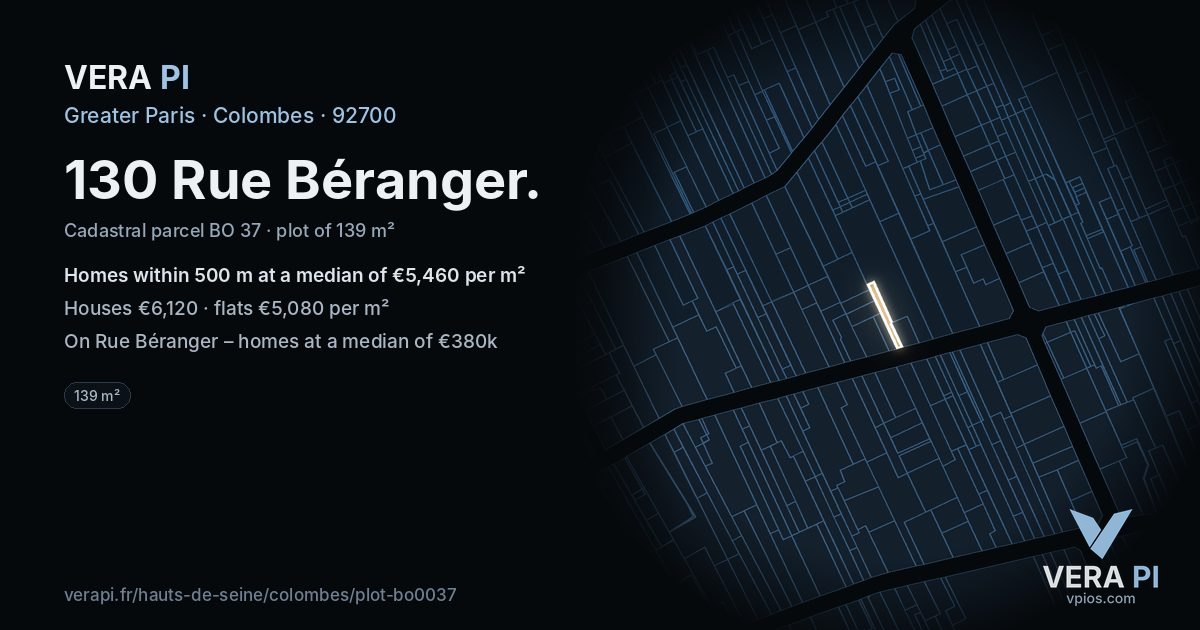 130 Rue Béranger, Colombes at night – the plot lit, the parcels around coloured by the prices near them