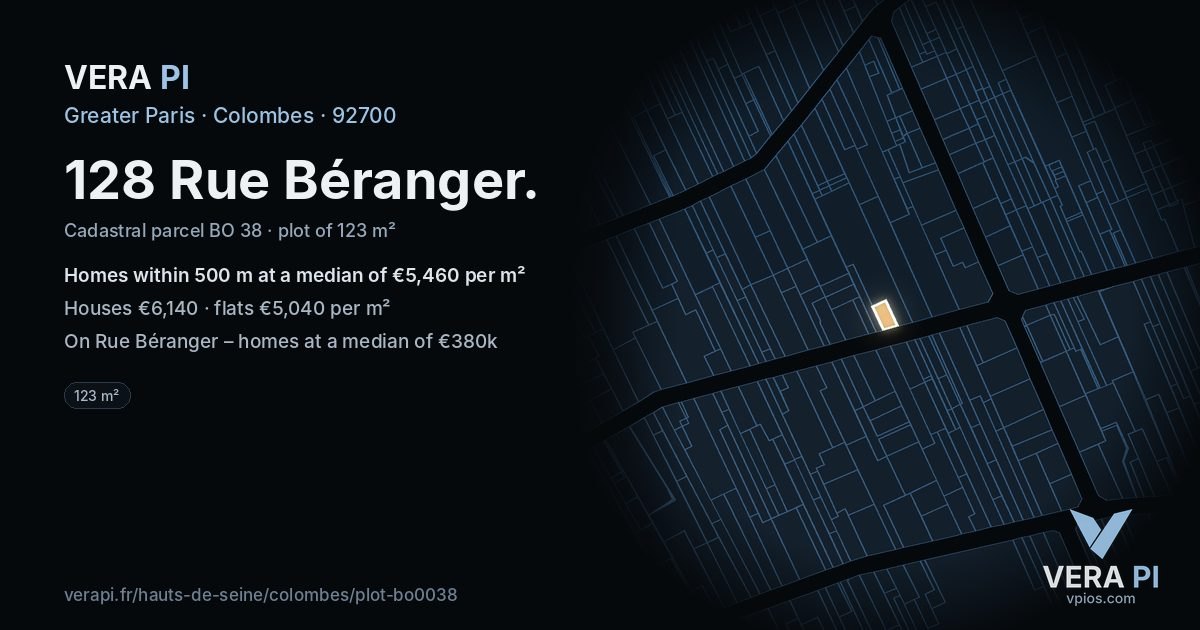 128 Rue Béranger, Colombes at night – the plot lit, the parcels around coloured by the prices near them