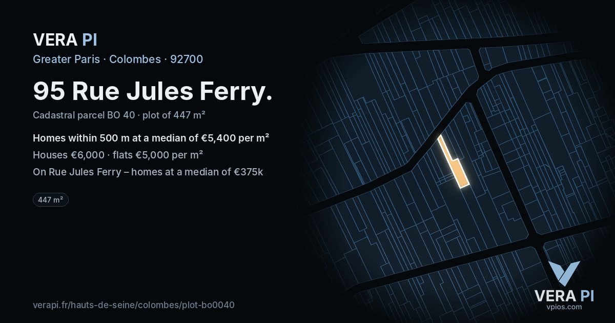 95 Rue Jules Ferry, Colombes at night – the plot lit, the parcels around coloured by the prices near them