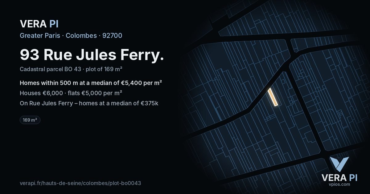 93 Rue Jules Ferry, Colombes at night – the plot lit, the parcels around coloured by the prices near them