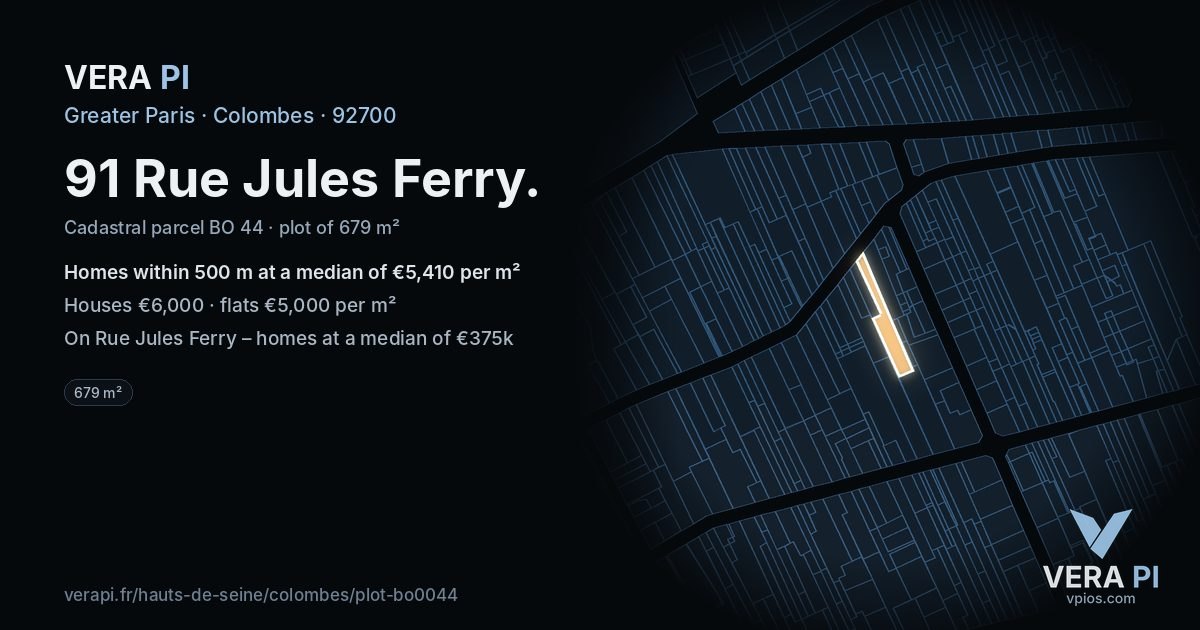 91 Rue Jules Ferry, Colombes at night – the plot lit, the parcels around coloured by the prices near them