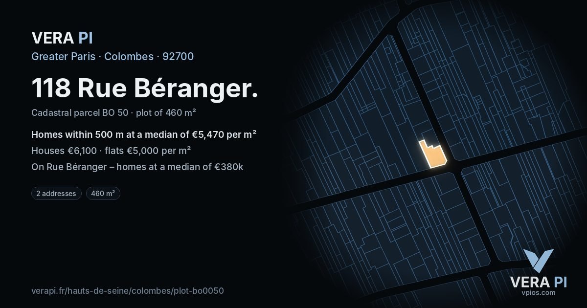 118 Rue Béranger, Colombes at night – the plot lit, the parcels around coloured by the prices near them