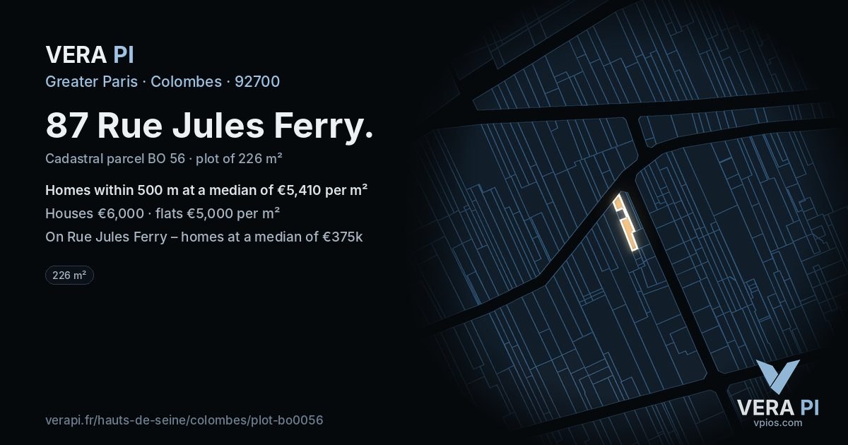 87 Rue Jules Ferry, Colombes at night – the plot lit, the parcels around coloured by the prices near them