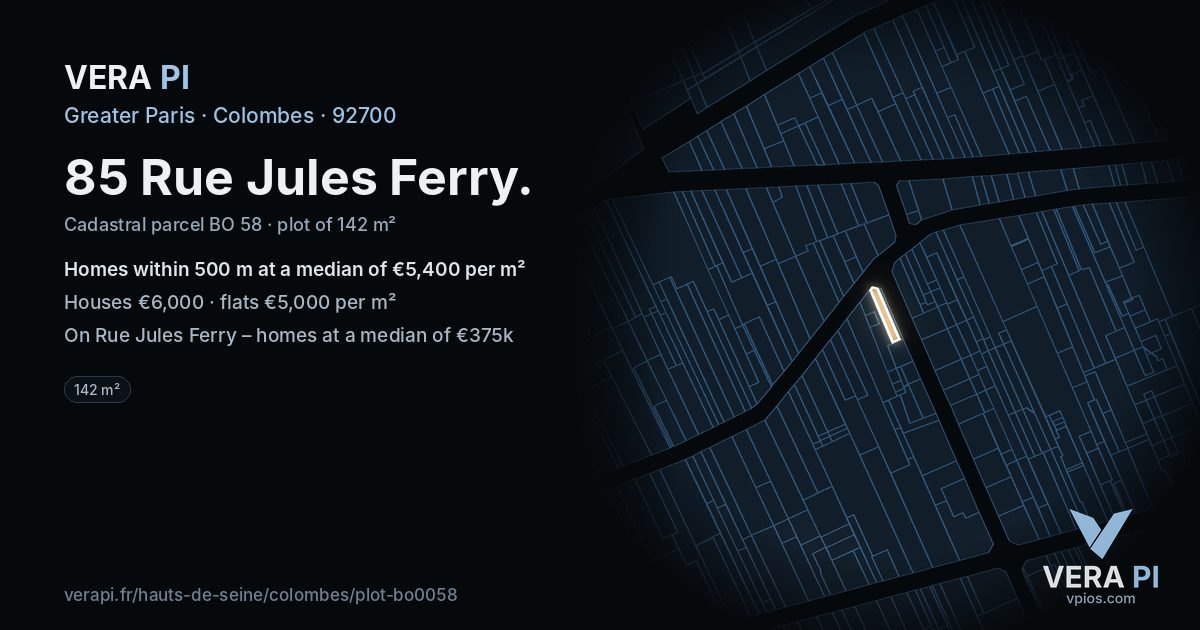 85 Rue Jules Ferry, Colombes at night – the plot lit, the parcels around coloured by the prices near them