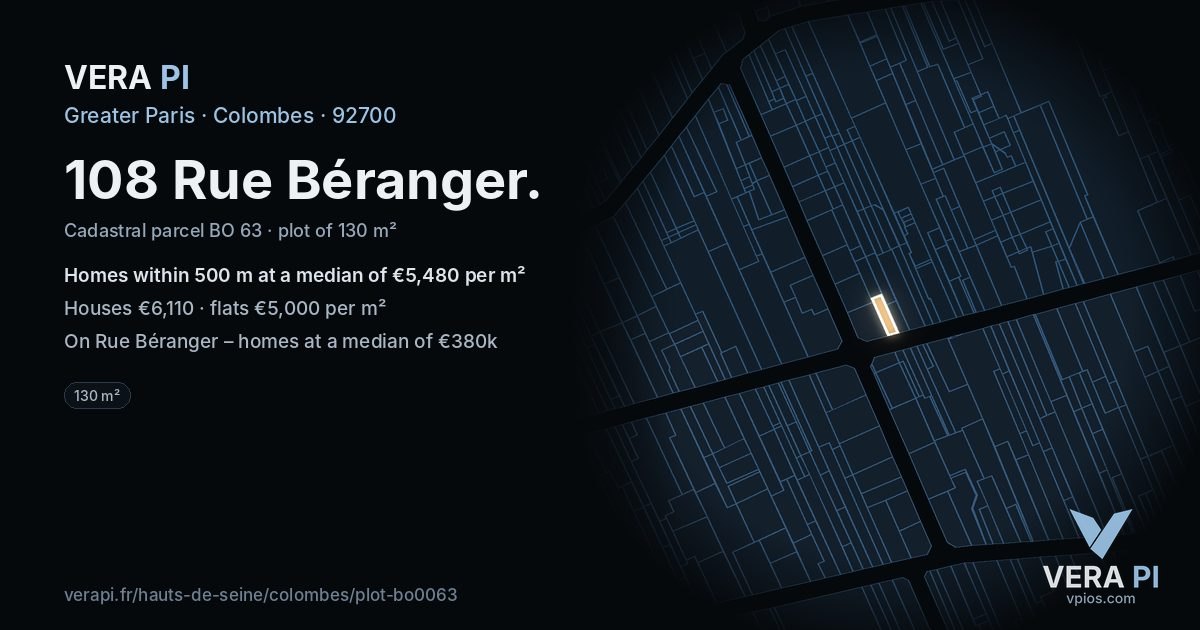108 Rue Béranger, Colombes at night – the plot lit, the parcels around coloured by the prices near them
