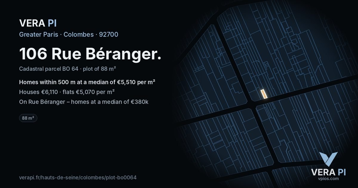 106 Rue Béranger, Colombes at night – the plot lit, the parcels around coloured by the prices near them