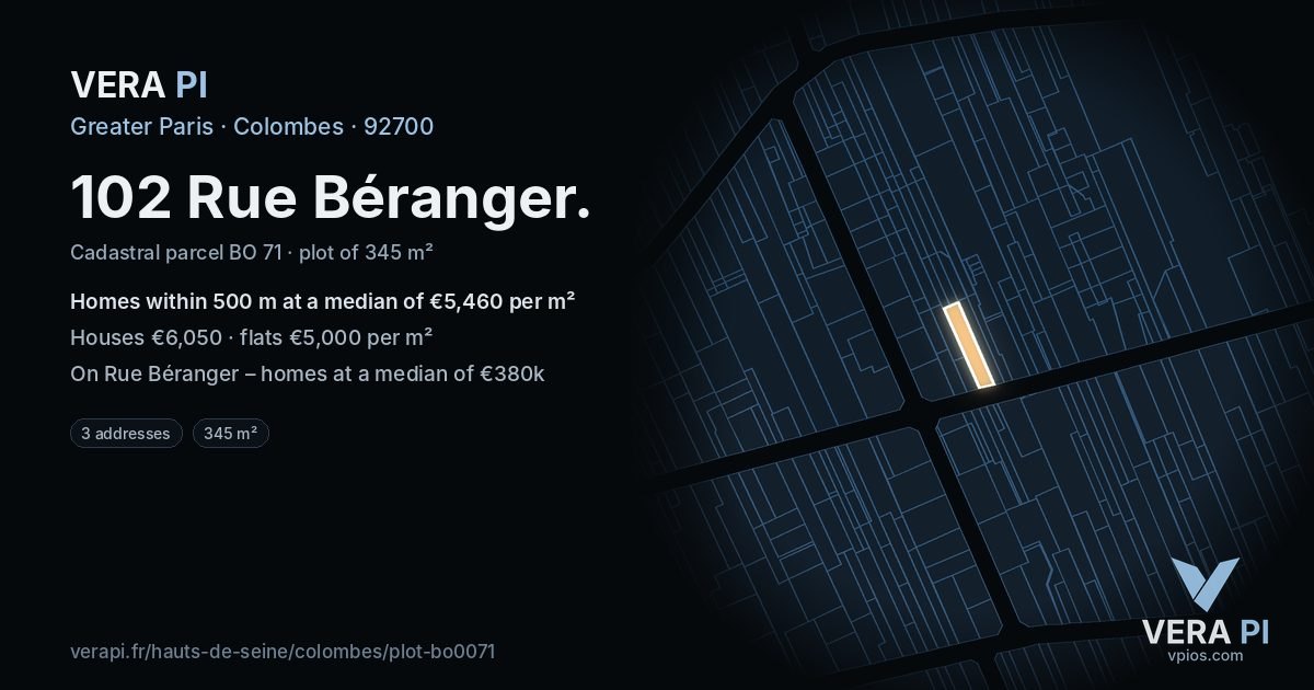 102 Rue Béranger, Colombes at night – the plot lit, the parcels around coloured by the prices near them