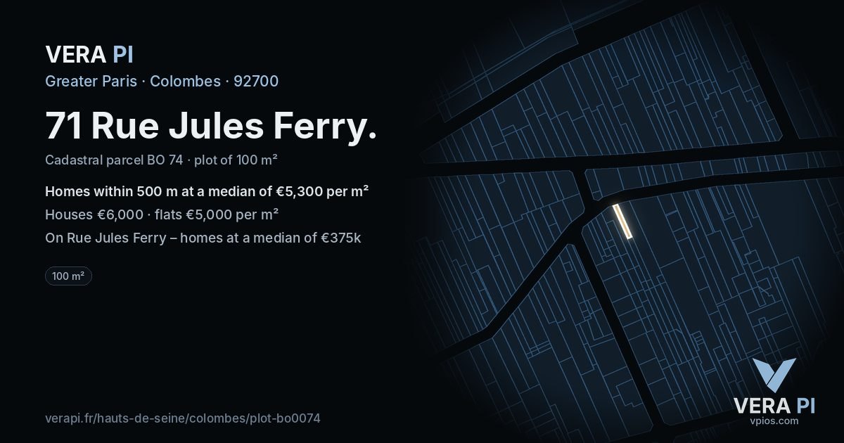 71 Rue Jules Ferry, Colombes at night – the plot lit, the parcels around coloured by the prices near them
