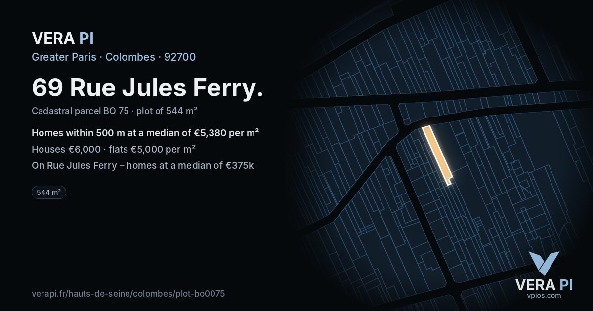 69 Rue Jules Ferry, Colombes at night – the plot lit, the parcels around coloured by the prices near them