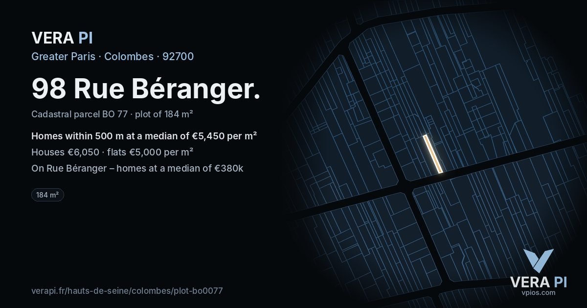 98 Rue Béranger, Colombes at night – the plot lit, the parcels around coloured by the prices near them