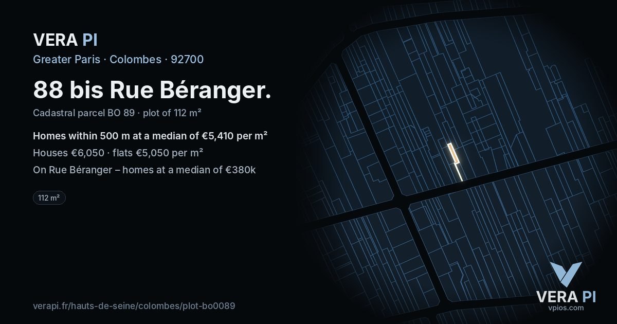 88 bis Rue Béranger, Colombes at night – the plot lit, the parcels around coloured by the prices near them