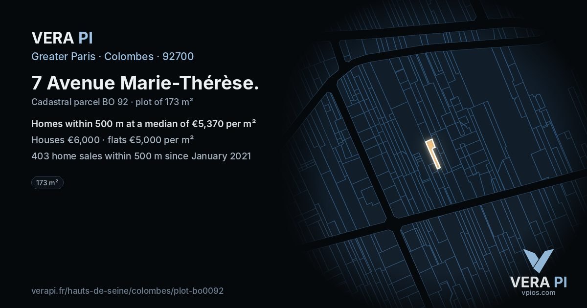 7 Avenue Marie-Thérèse, Colombes at night – the plot lit, the parcels around coloured by the prices near them