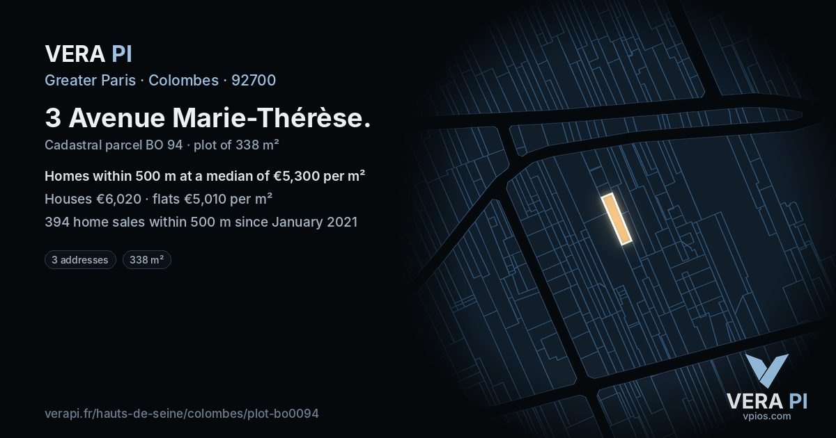 3 Avenue Marie-Thérèse, Colombes at night – the plot lit, the parcels around coloured by the prices near them