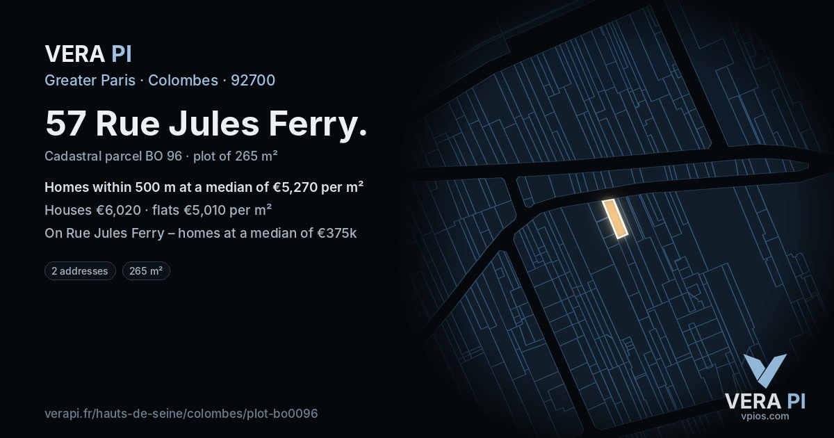 57 Rue Jules Ferry, Colombes at night – the plot lit, the parcels around coloured by the prices near them