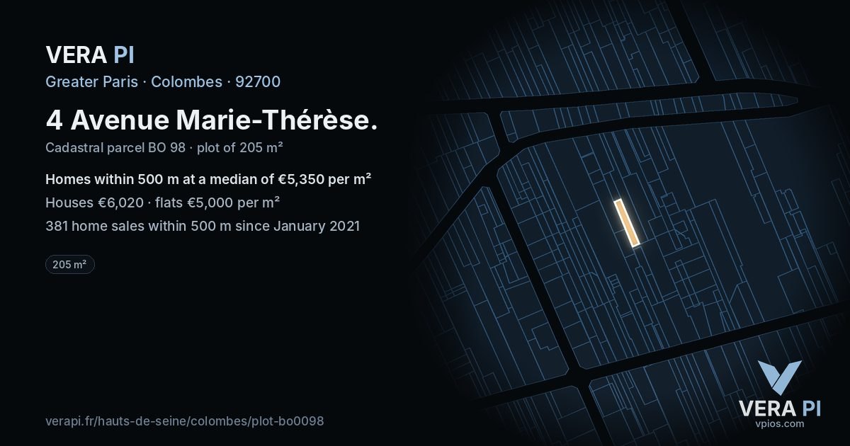 4 Avenue Marie-Thérèse, Colombes at night – the plot lit, the parcels around coloured by the prices near them