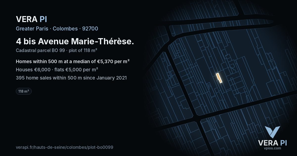 4 bis Avenue Marie-Thérèse, Colombes at night – the plot lit, the parcels around coloured by the prices near them