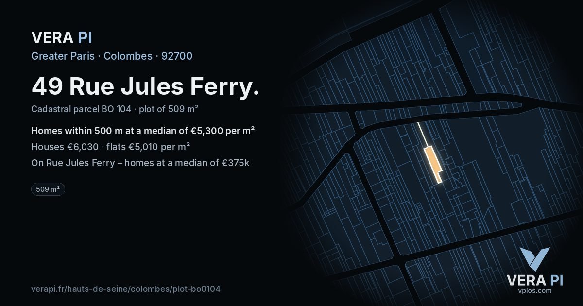 49 Rue Jules Ferry, Colombes at night – the plot lit, the parcels around coloured by the prices near them