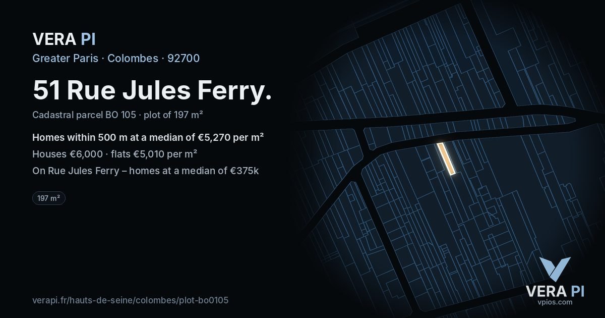 51 Rue Jules Ferry, Colombes at night – the plot lit, the parcels around coloured by the prices near them