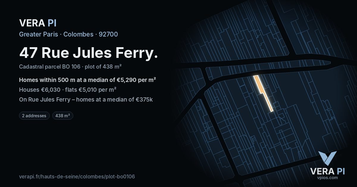 47 Rue Jules Ferry, Colombes at night – the plot lit, the parcels around coloured by the prices near them
