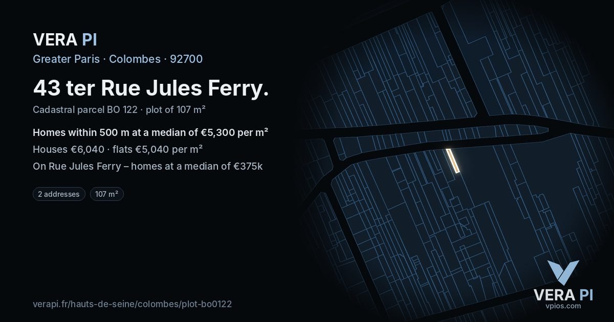 43 ter Rue Jules Ferry, Colombes at night – the plot lit, the parcels around coloured by the prices near them