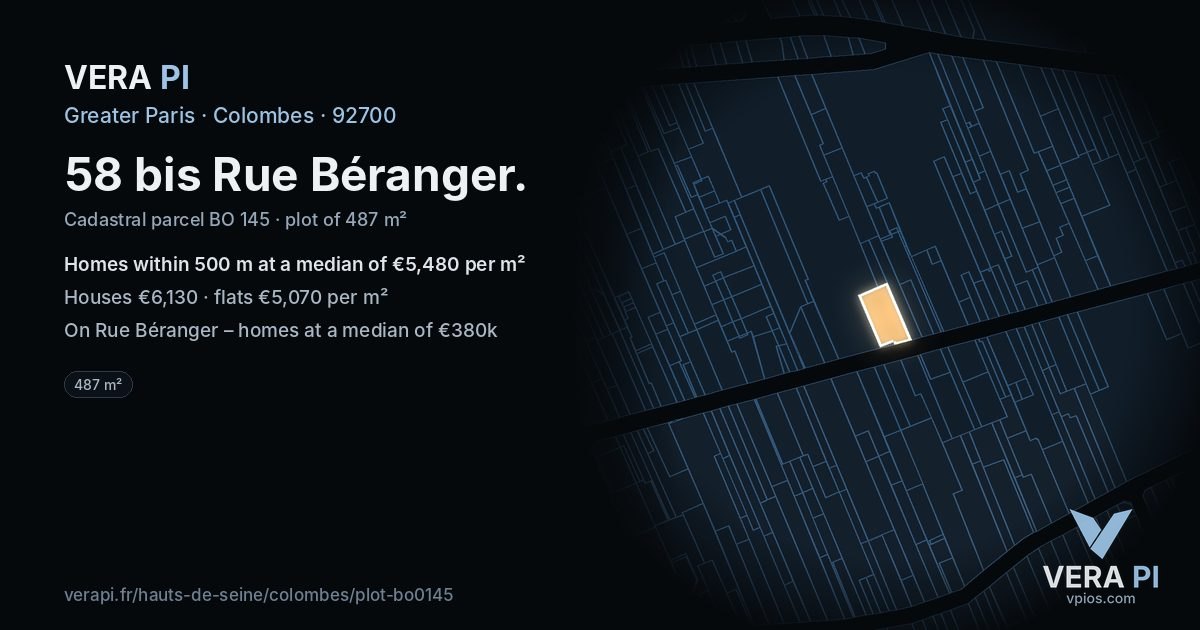 58 bis Rue Béranger, Colombes at night – the plot lit, the parcels around coloured by the prices near them
