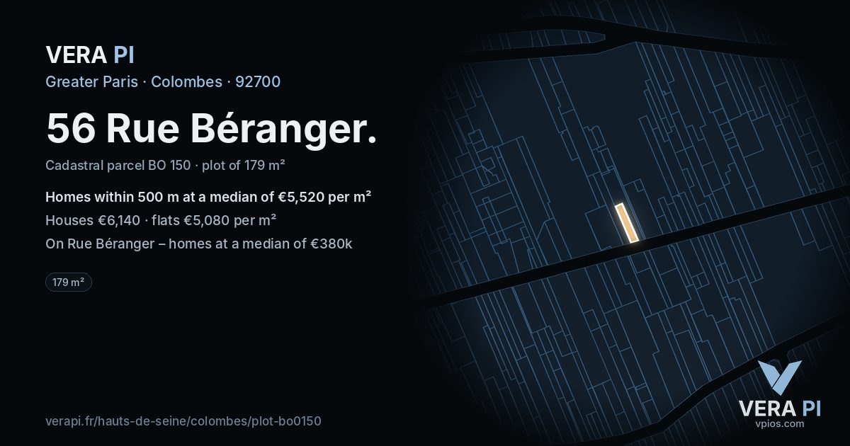 56 Rue Béranger, Colombes at night – the plot lit, the parcels around coloured by the prices near them