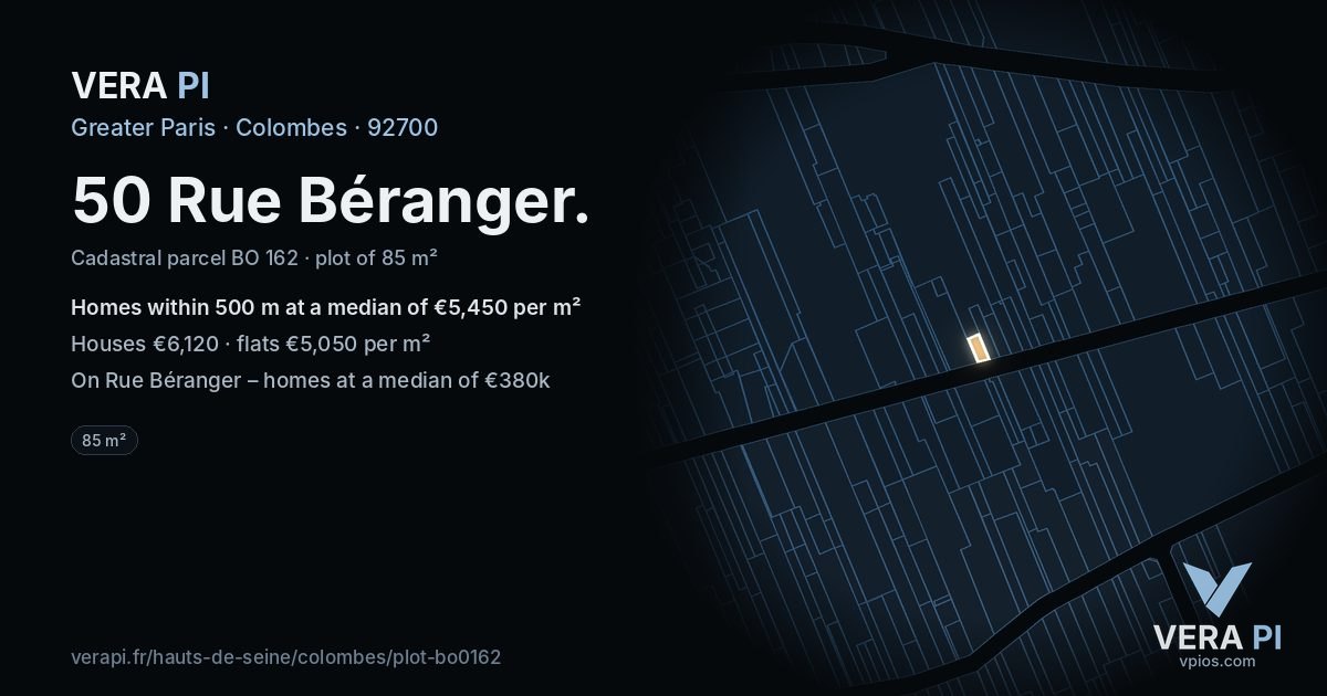 50 Rue Béranger, Colombes at night – the plot lit, the parcels around coloured by the prices near them