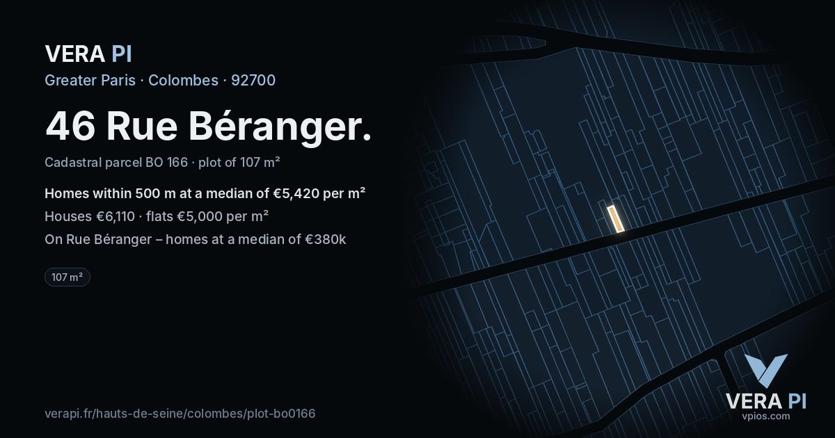 46 Rue Béranger, Colombes at night – the plot lit, the parcels around coloured by the prices near them