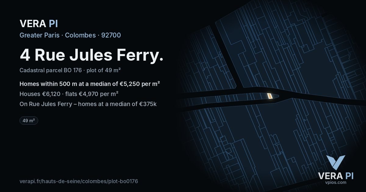 4 Rue Jules Ferry, Colombes at night – the plot lit, the parcels around coloured by the prices near them