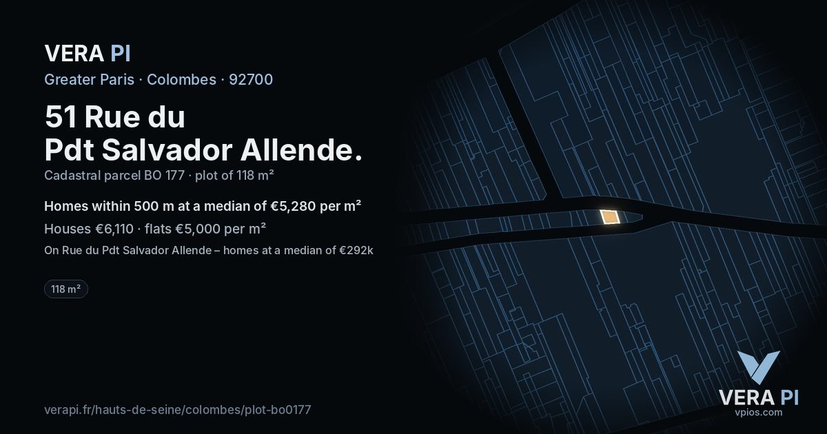 51 Rue du Pdt Salvador Allende, Colombes at night – the plot lit, the parcels around coloured by the prices near them