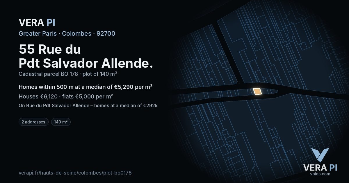 55 Rue du Pdt Salvador Allende, Colombes at night – the plot lit, the parcels around coloured by the prices near them