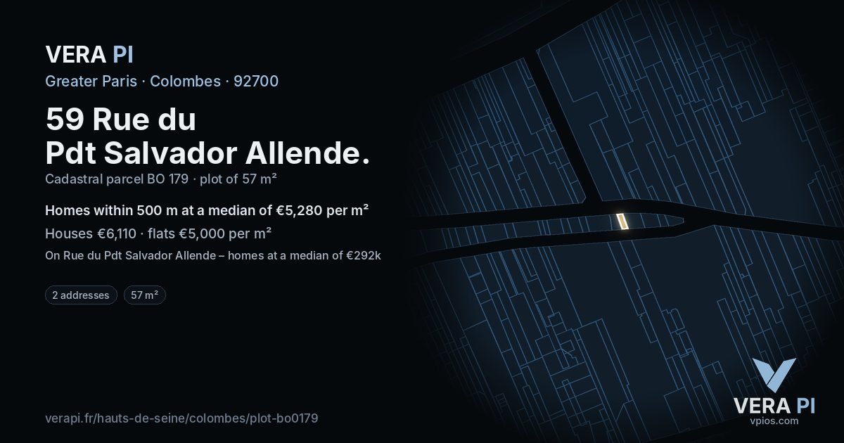59 Rue du Pdt Salvador Allende, Colombes at night – the plot lit, the parcels around coloured by the prices near them