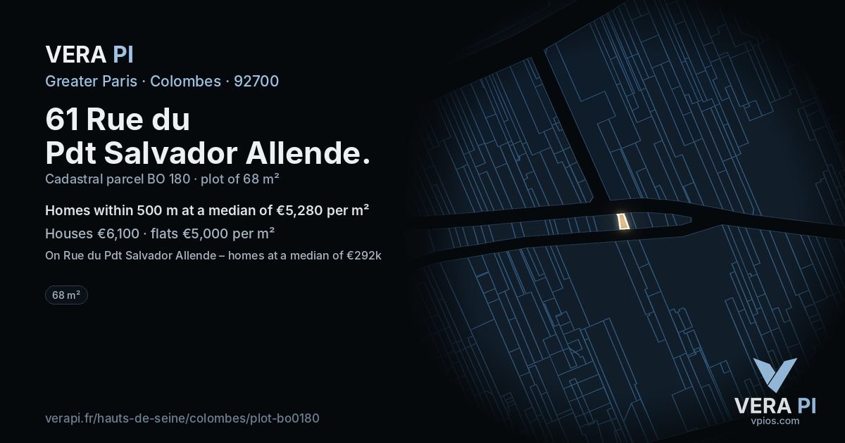 61 Rue du Pdt Salvador Allende, Colombes at night – the plot lit, the parcels around coloured by the prices near them