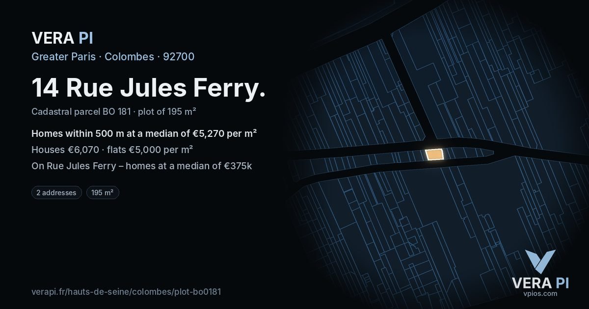 14 Rue Jules Ferry, Colombes at night – the plot lit, the parcels around coloured by the prices near them