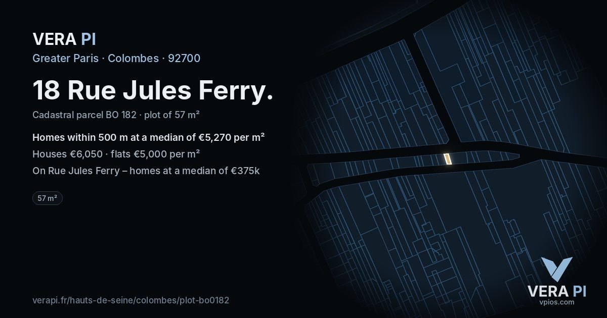 18 Rue Jules Ferry, Colombes at night – the plot lit, the parcels around coloured by the prices near them