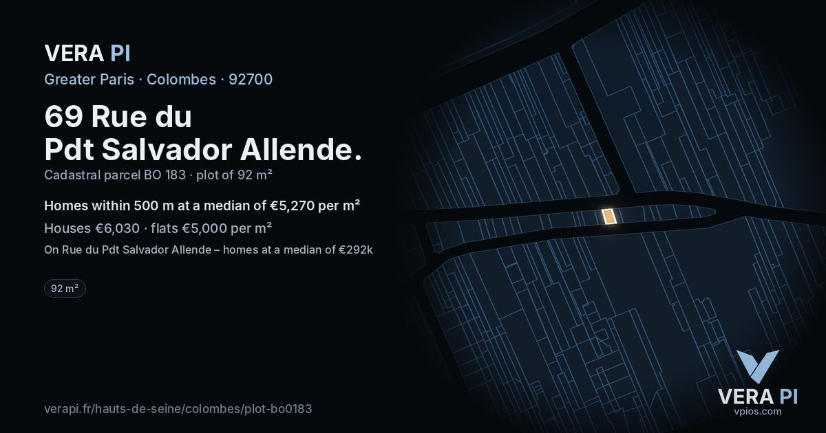 69 Rue du Pdt Salvador Allende, Colombes at night – the plot lit, the parcels around coloured by the prices near them