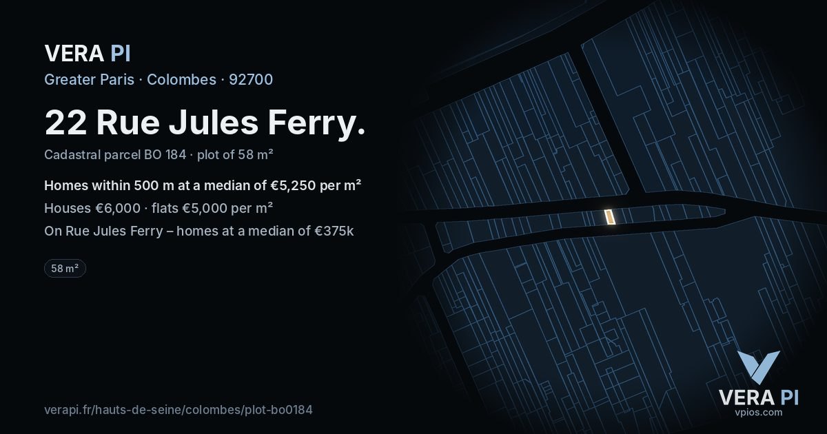 22 Rue Jules Ferry, Colombes at night – the plot lit, the parcels around coloured by the prices near them