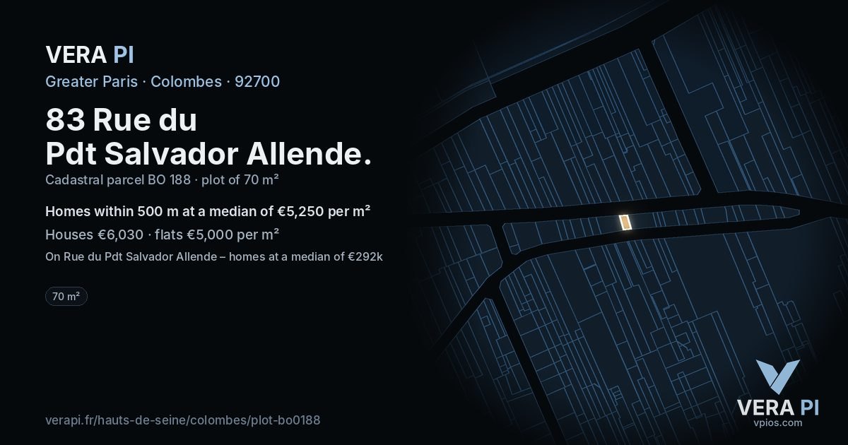 83 Rue du Pdt Salvador Allende, Colombes at night – the plot lit, the parcels around coloured by the prices near them