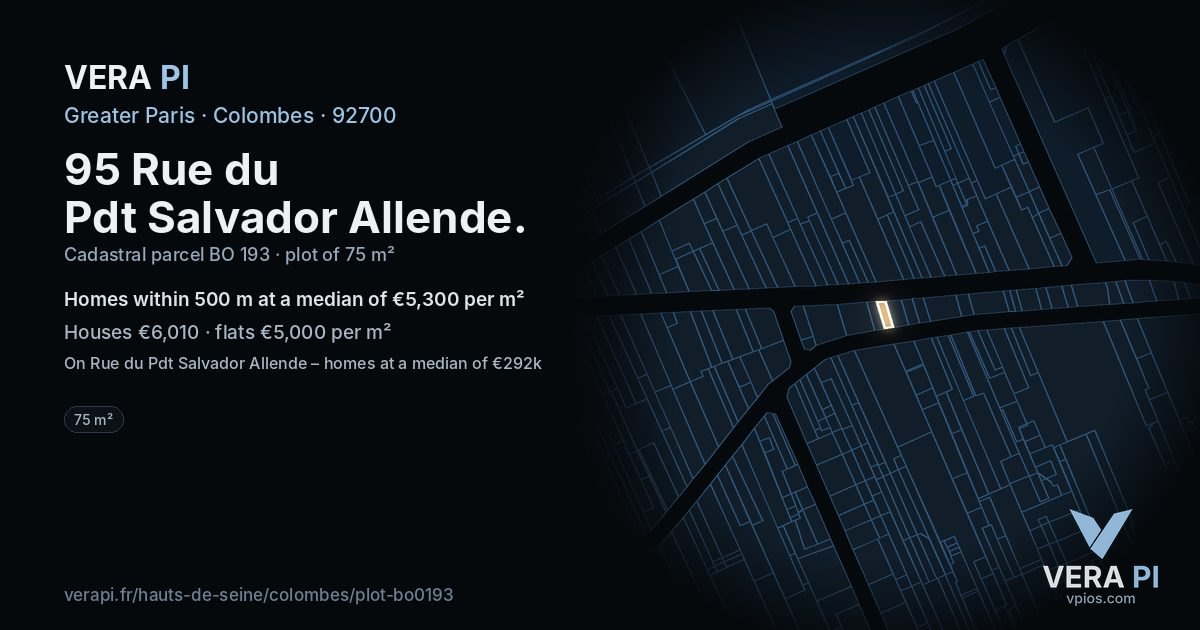 95 Rue du Pdt Salvador Allende, Colombes at night – the plot lit, the parcels around coloured by the prices near them