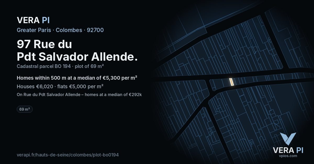 97 Rue du Pdt Salvador Allende, Colombes at night – the plot lit, the parcels around coloured by the prices near them