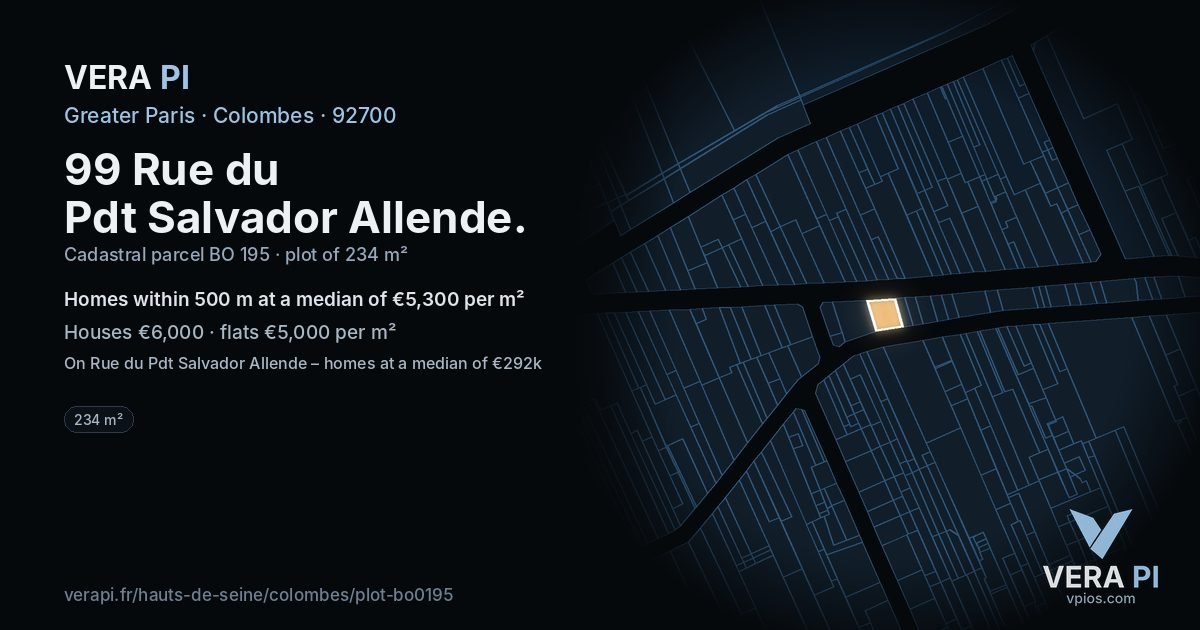 99 Rue du Pdt Salvador Allende, Colombes at night – the plot lit, the parcels around coloured by the prices near them