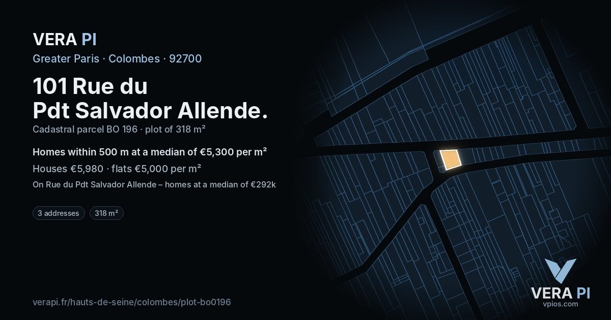 101 Rue du Pdt Salvador Allende, Colombes at night – the plot lit, the parcels around coloured by the prices near them
