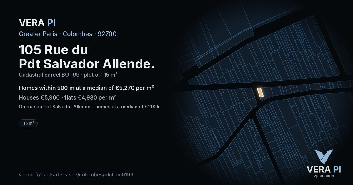 105 Rue du Pdt Salvador Allende, Colombes at night – the plot lit, the parcels around coloured by the prices near them