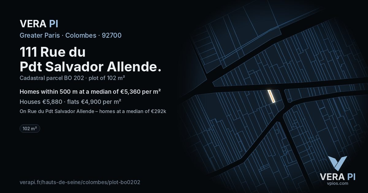 111 Rue du Pdt Salvador Allende, Colombes at night – the plot lit, the parcels around coloured by the prices near them