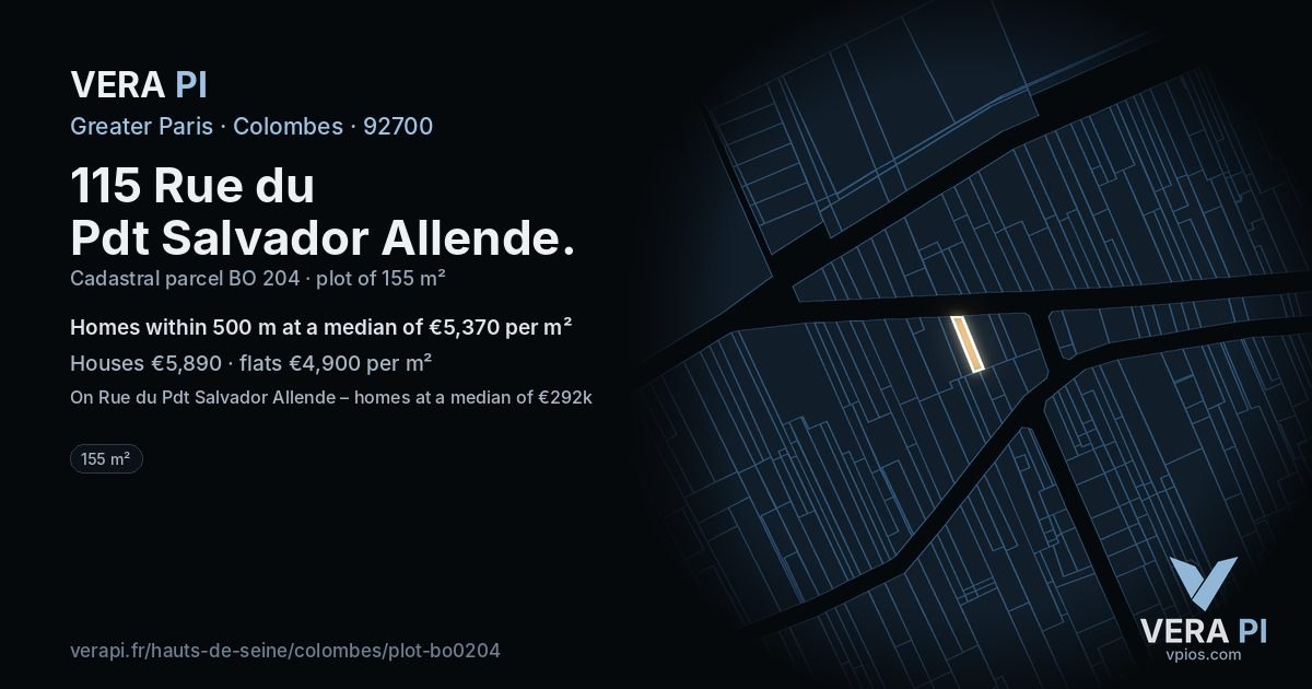 115 Rue du Pdt Salvador Allende, Colombes at night – the plot lit, the parcels around coloured by the prices near them