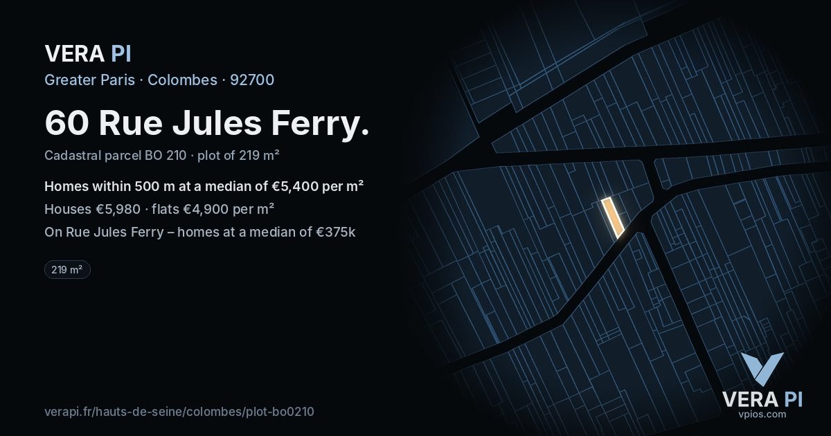 60 Rue Jules Ferry, Colombes at night – the plot lit, the parcels around coloured by the prices near them
