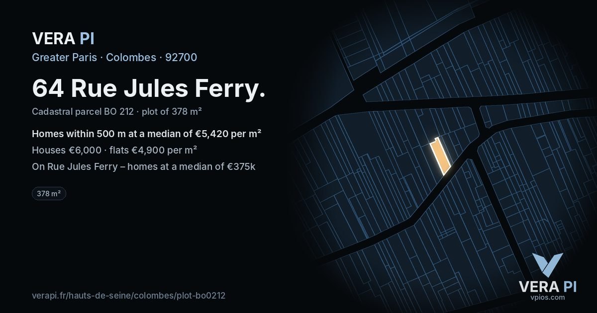 64 Rue Jules Ferry, Colombes at night – the plot lit, the parcels around coloured by the prices near them