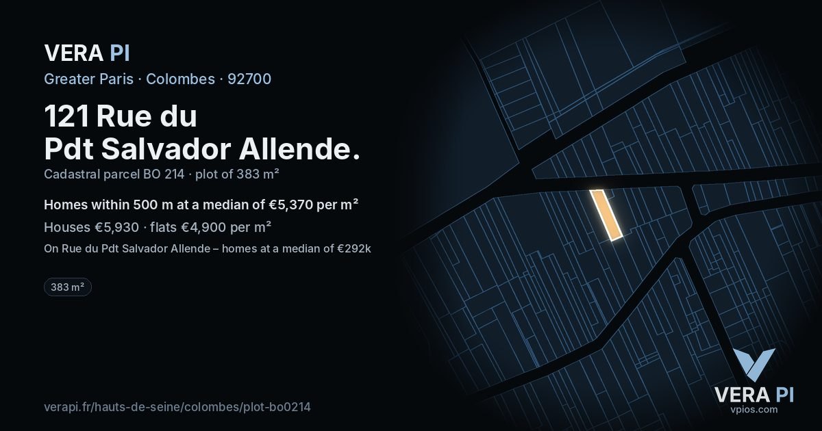 121 Rue du Pdt Salvador Allende, Colombes at night – the plot lit, the parcels around coloured by the prices near them